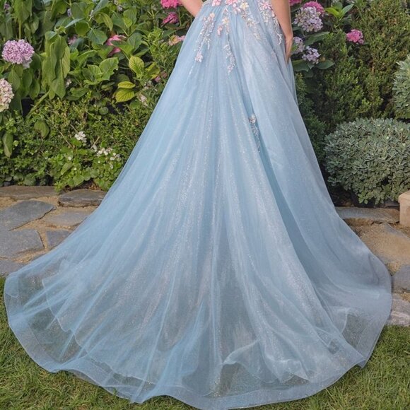 Blue formal prom dress.Party evening gala pageant floral corset wedding guest - Picture 4 of 6